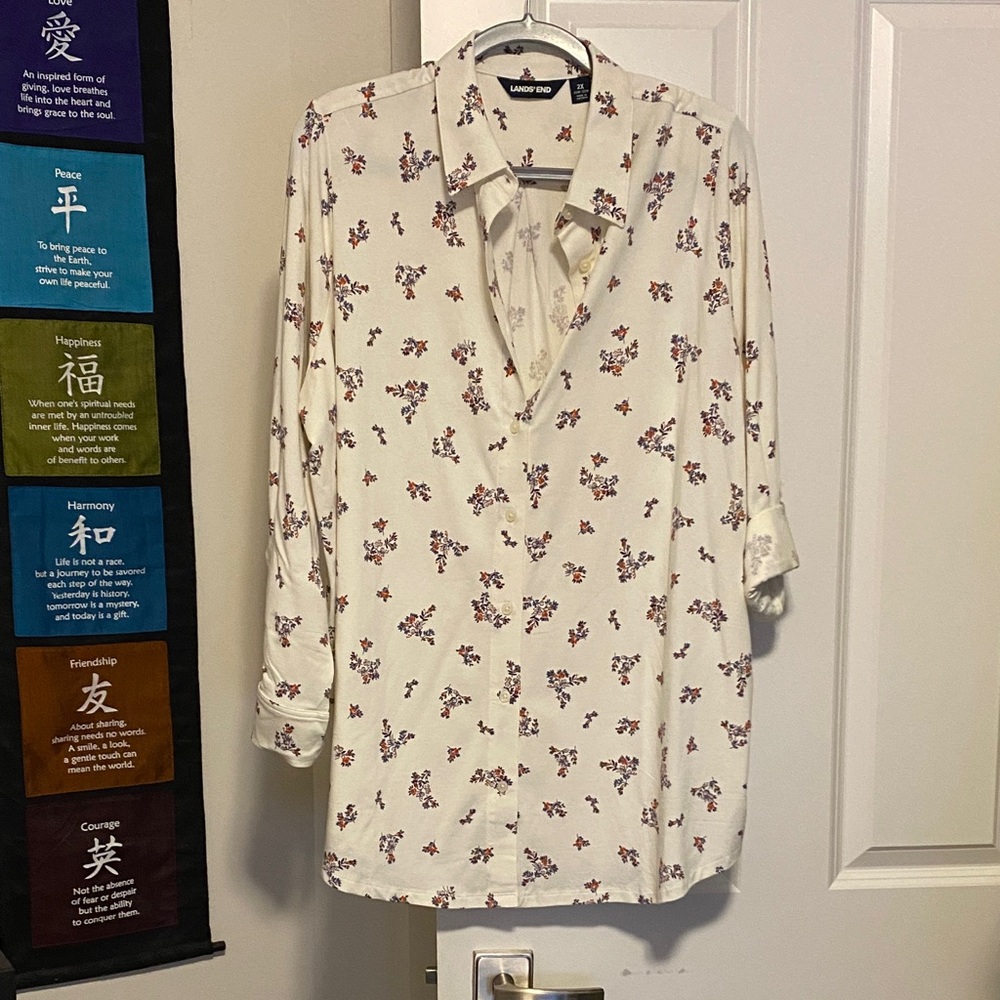 Lands' End Women's Cream Blouse with Floral Print